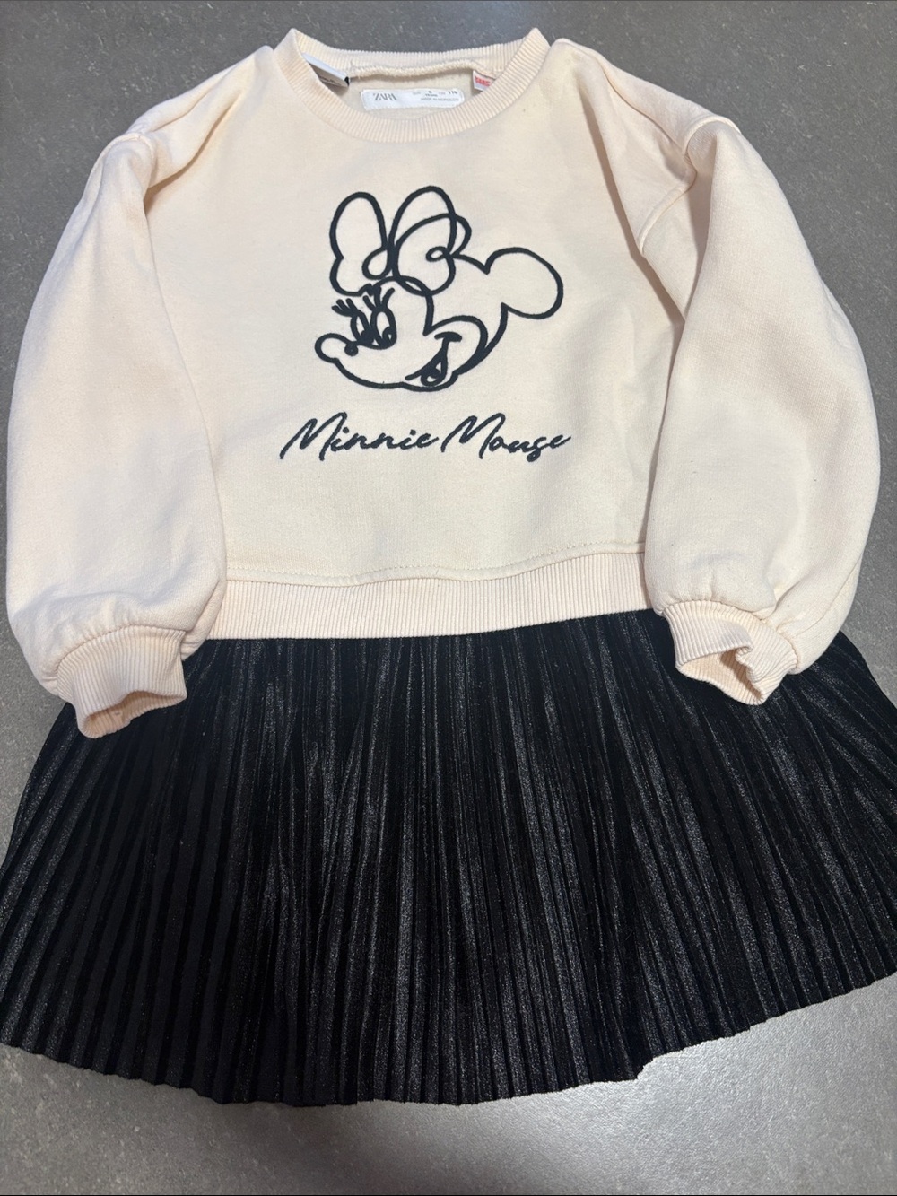 ZARA Kids Cream Minnie Mouse Sweatshirt Dress with Black Pleated Skirt